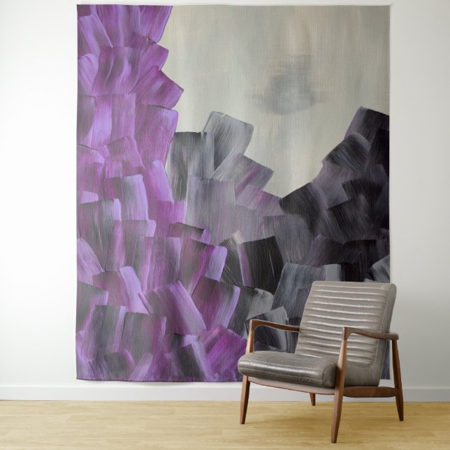 Tenture Traits de pinceau abstraits en violet, gris et noi (En situation)
