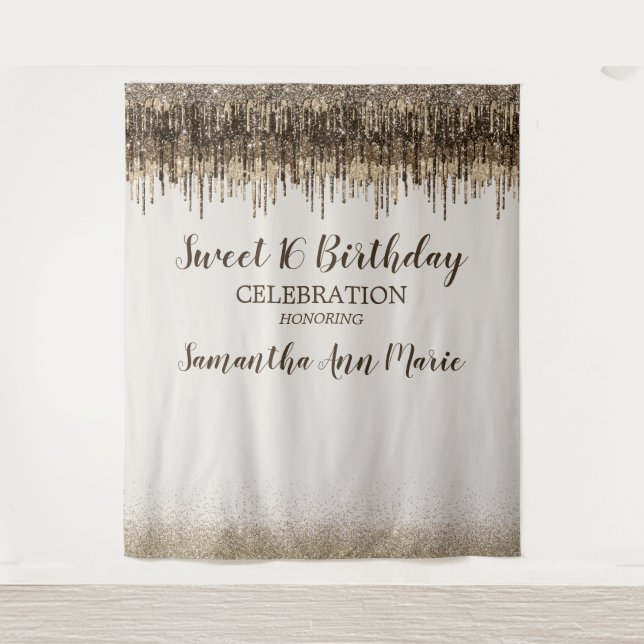 Tenture Trendy Gold Brown Glam Drips Sweet 16 Anniversaire (Devant)