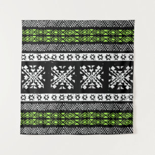 Tenture Tribal Navajo, motif noir blanc vert.