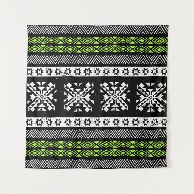 Tenture Tribal Navajo, motif noir blanc vert. (Devant)