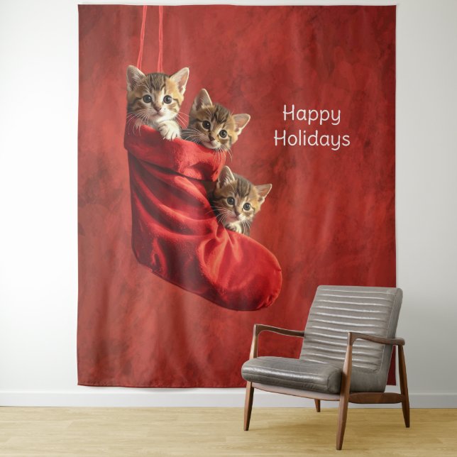 Tenture Trois chatons dans un fond de chaussette de Noël (En situation)