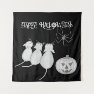 Tenture Trois chats, citrouille et araignée Halloween
