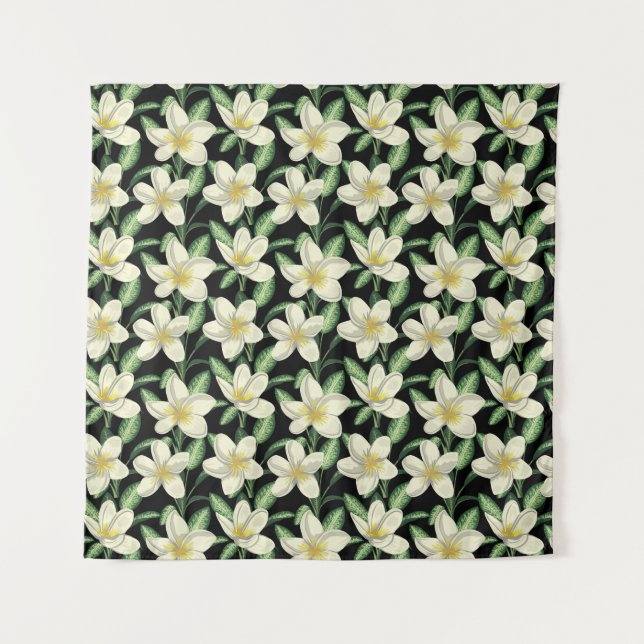 Tenture Tropical continu motif fleurs blanches feuille ver (Devant)