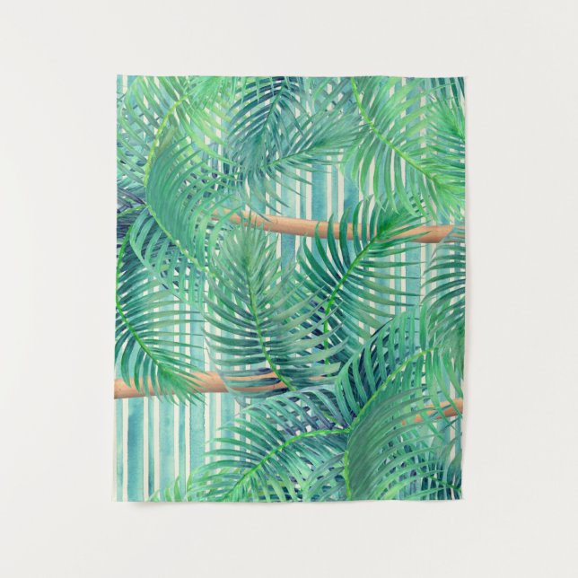 Tenture Tropical palm trees on teal stripes (Devant)