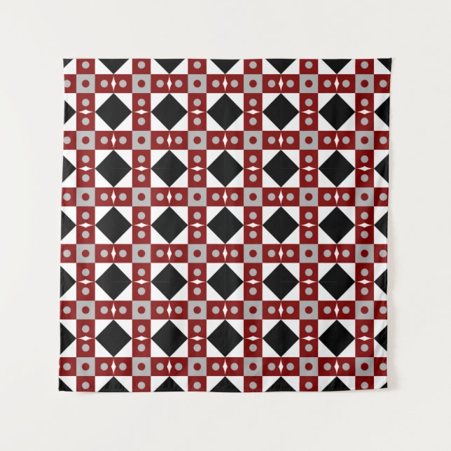 Tenture Tuiles géométriques en rouge, noir et blanc (Devant)