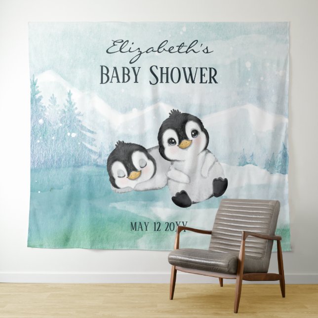 Tenture Two Adorable Penguins Baby Shower Backdrop (En situation (horizontale))