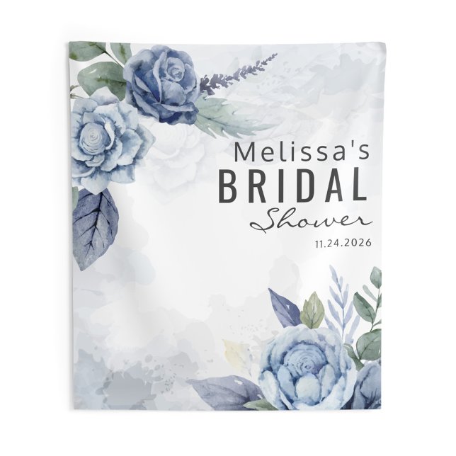 Tenture Typographie florale à l'aquarelle bleu poussiéreux (Dusty Blue Floral Bridal Shower Wall Tapestry)