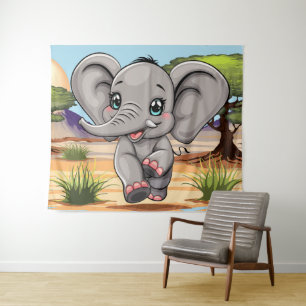 Tenture Un bébé éléphant qui sonne heureux dans la savane 