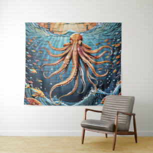 Tenture Un calmar géant dans l'océan vagues illustration a