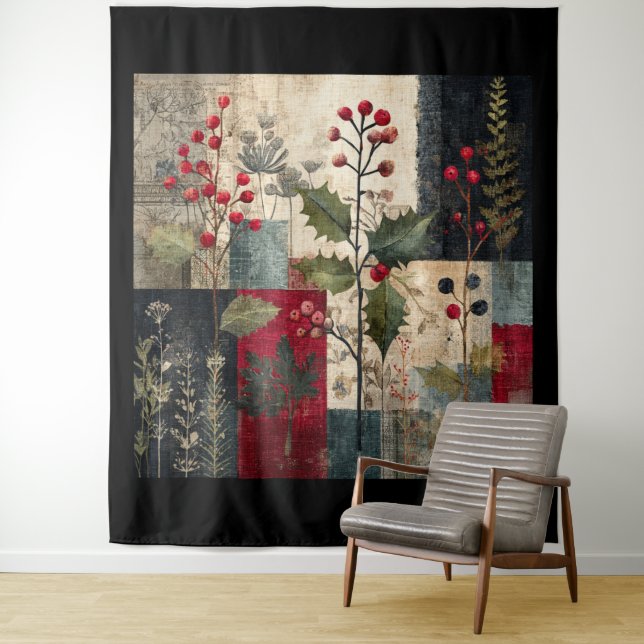 Tenture Un Patchwork Rustique d'Hiver aux Baies de Houx (En situation)