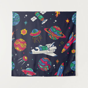 Tenture Un vaisseau spatial en motif sans couture Galaxy. 
