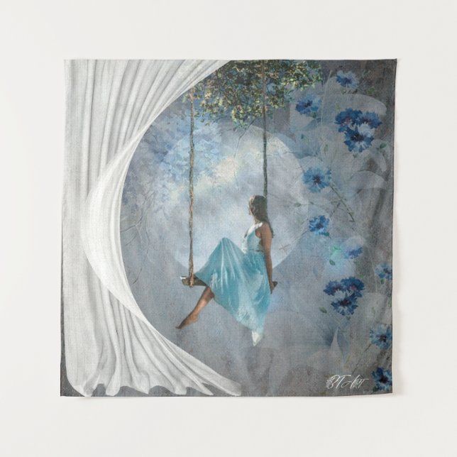 Tenture Une femme en robe bleue sur un swing (Devant)