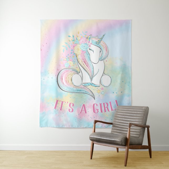 Tenture Unicorn Baby Girl Shower Backrop Bannière (En situation)