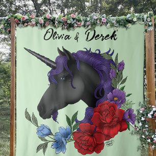 Tenture Unicorne Noire Rouge Violet Fleurs De Sage