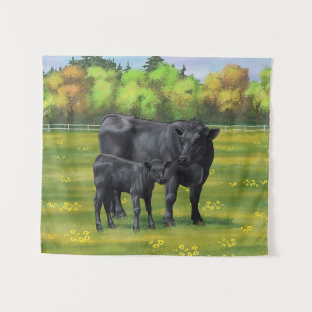 Tenture Vache d'Angus noir et veau mou en pâturage d'été (Devant (Horizontal))