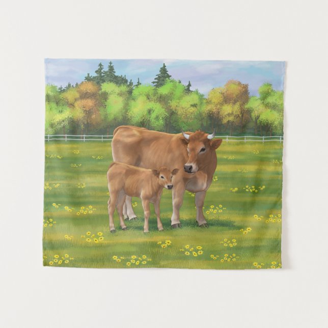 Tenture Vache d'Aubrac et veau mignon dans le pâturage de  (Devant (Horizontal))