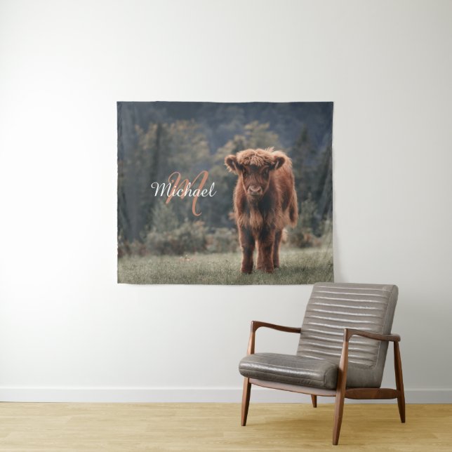 Tenture Vache de Highland calvaire herbe d'automne monogra (En situation (horizontale))