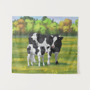 Tenture Vache Holstein et veau mignon en pâturage d'été