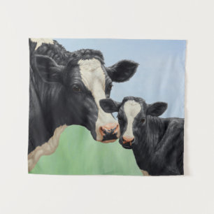 Tenture Vache Holstein noire et veau mignon