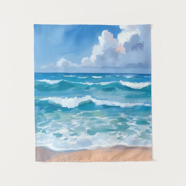 Tenture Vagues de l'océan bleu | Aquarelle de mer de plage (Devant)