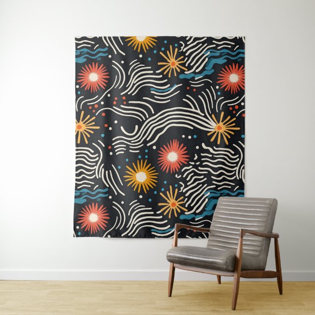 Tenture Vagues florales Abstraites sur noir (En situation)