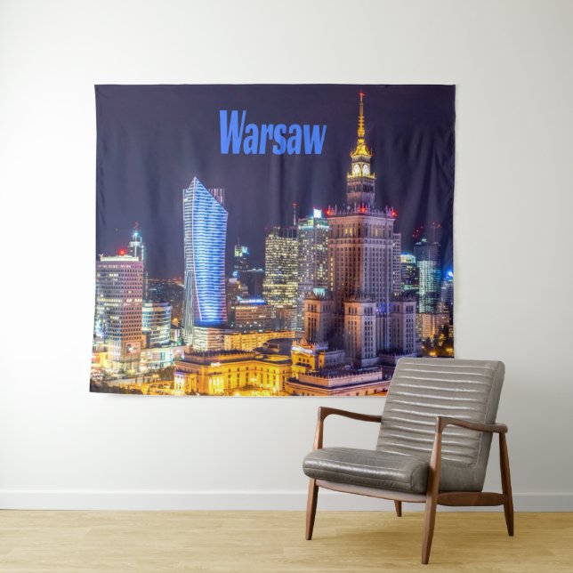 Tenture Varsovie Pologne Nuit Skyline Varsovie Spire (En situation (horizontale))