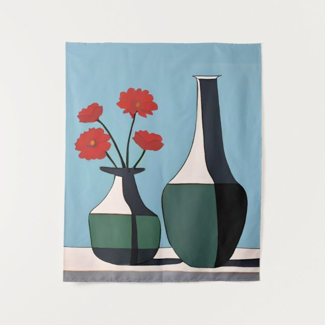 Tenture Vases noirs et blancs avec fleurs rouges (Devant)