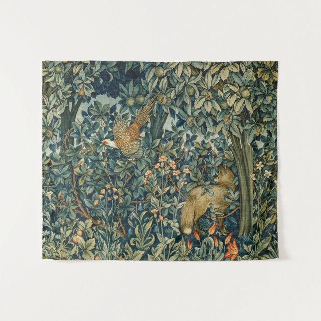Tenture VERDURE, ANIMAUX faisan, Fox, floral vert de FORÊT (Devant (Horizontal))