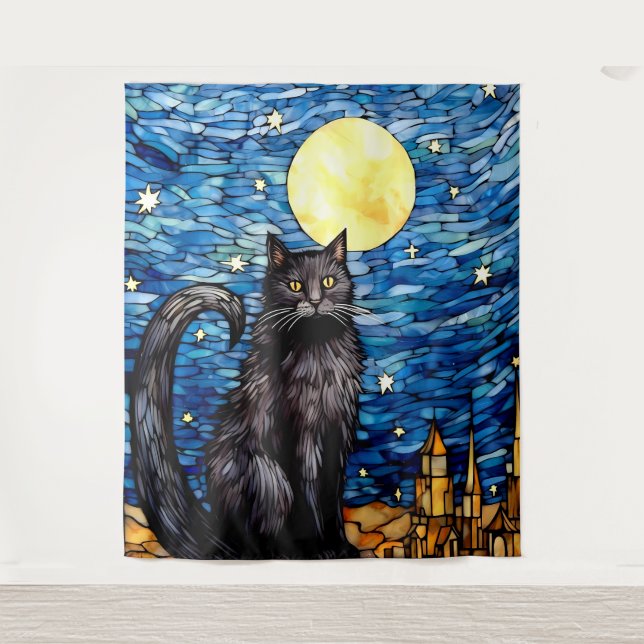 Tenture Verre tendu Chat noir Starry nuit (Devant)