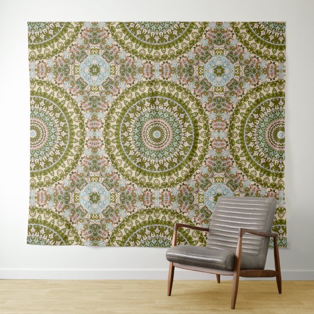 Tenture Vert olive et motif mandala pastel (En situation (horizontale))