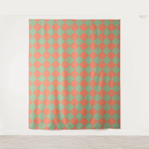 Tenture Vert olive Saumon Rose Damier Motif Diamant