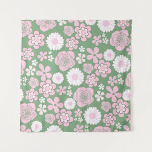 Tenture Vert rose blanc rétro Y2K les années 70 Fleur Moti