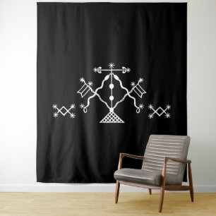 Tenture Veve blanc de Damballah sur fond noir