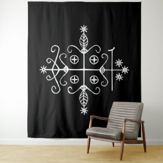 Tenture Veve blanc de Papa Legba sur fond noir