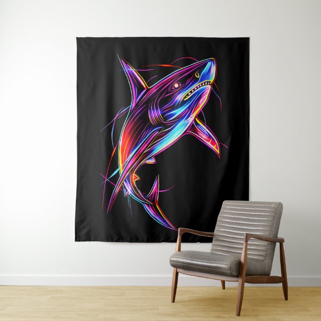 Tenture Vibrant Neon Shark Modern Digital Ocean (En situation)