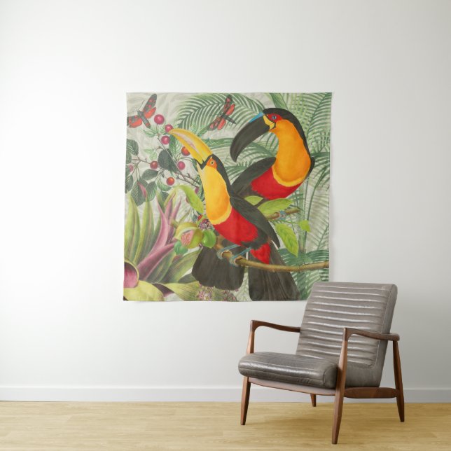 Tenture Vibrant Tropical Toucan Birds Art Exotic Jungle (En situation)