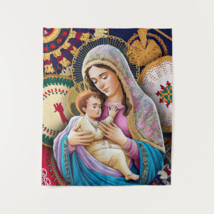 Tenture Vierge Marie et Bébé Jésus en Textiles brodés