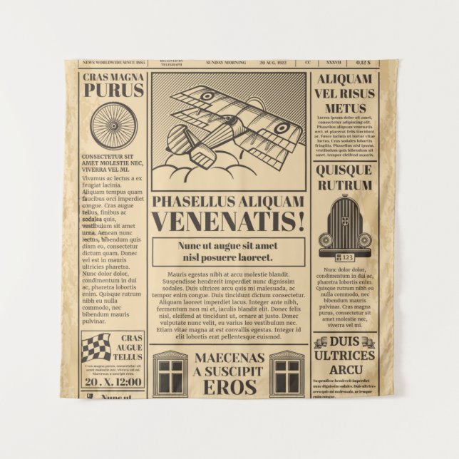 Tenture Vieux journal vintage. Retro newsprint avec texte  (Devant)
