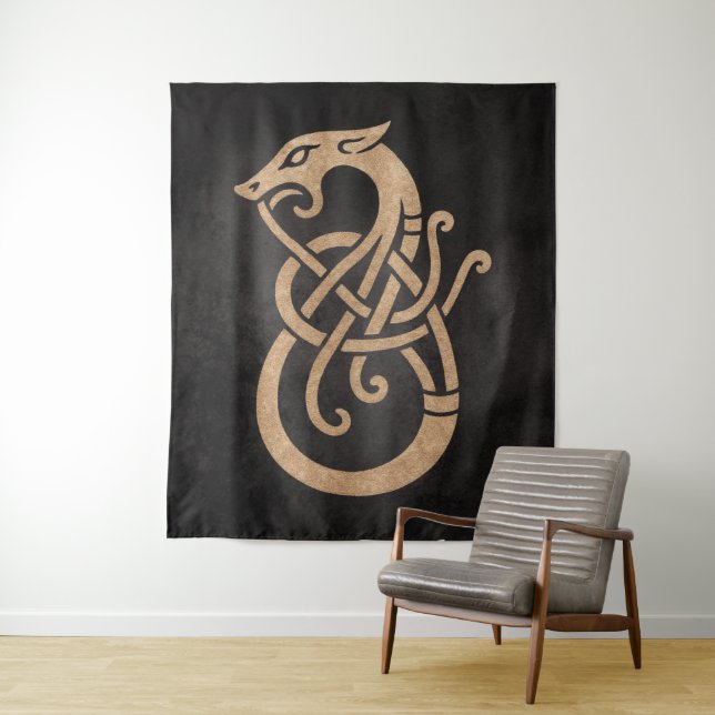 Tenture Viking Dragon Knot - Ancien Norse Symbole sur Noir (En situation)