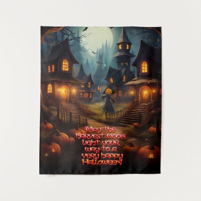 Tenture Village d'Halloween effrayant avec épouvantail (Devant)
