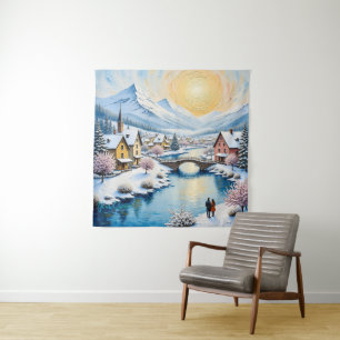 Tenture Village hivernal enneigé sous un soleil doré
