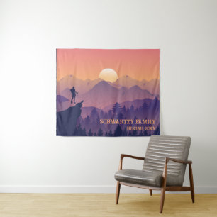 Tenture Vintage Mountain Forest Hiker's Sunset violet oran
