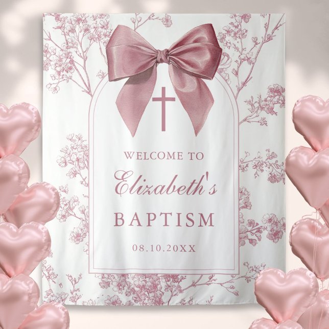 Tenture Vintage Pink Bow Baptism Photo Backdrop (Vintage Pink Bow Baptism Photo Backdrop)