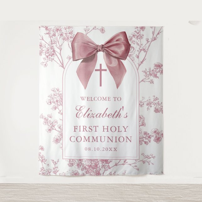 Tenture Vintage Pink Bow Holy Communion Photo Backdrop (Devant)