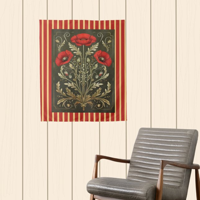 Tenture Vintage Poppies Art Nouveau Gold Red Striped (Créateur téléchargé)