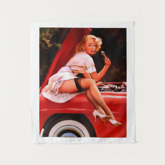Tenture Vintage Retro Voiture Mécanique Pinup Girl