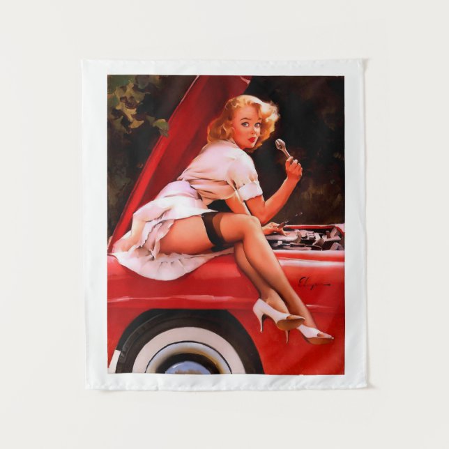 Tenture Vintage Retro Voiture Mécanique Pinup Girl (Devant)