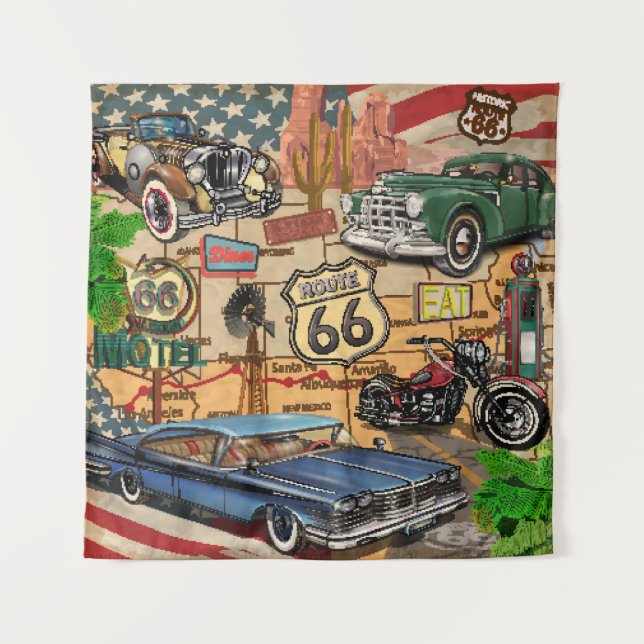 Tenture Vintage Route 66, affiche nostalgique. (Devant)