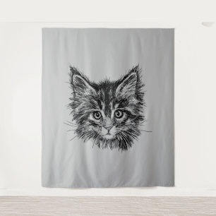 Tenture Visage de Kitten noir et blanc sur gris