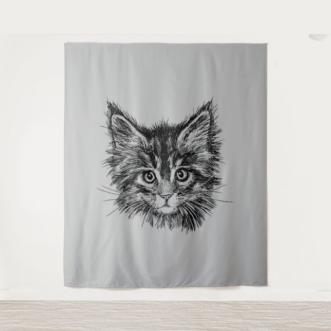 Tenture Visage de Kitten noir et blanc sur gris (Devant)